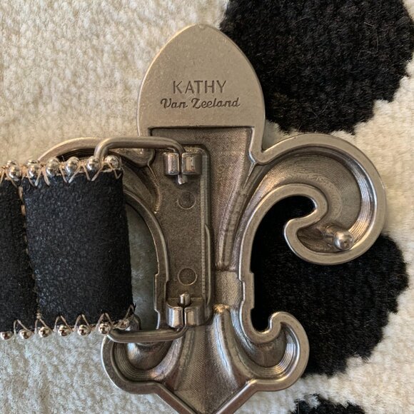 Kathy Van Zeeland Fleur-de-Lis Faux Suede Leather Studded Rhinestone Waist Belt - Picture 8 of 13